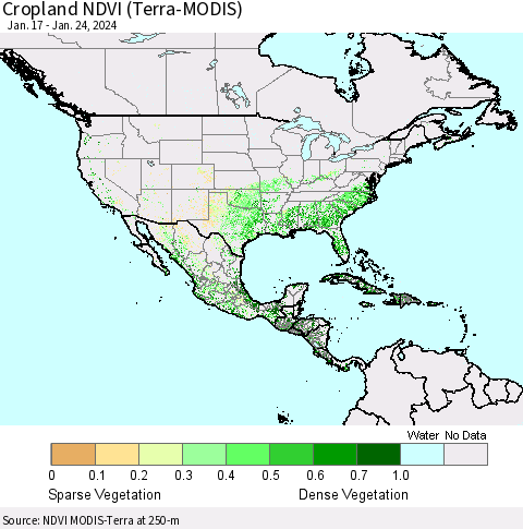 North America Cropland NDVI (Terra-MODIS) Thematic Map For 1/17/2024 - 1/24/2024