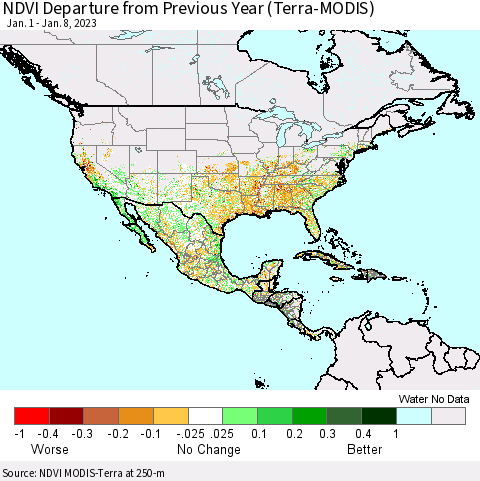 North America NDVI Departure from Previous Year (Terra-MODIS) Thematic Map For 1/1/2023 - 1/8/2023