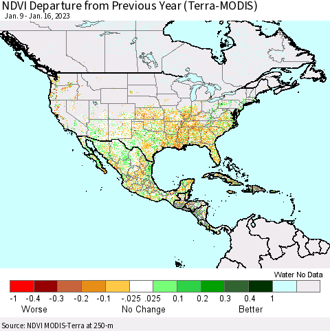 North America NDVI Departure from Previous Year (Terra-MODIS) Thematic Map For 1/9/2023 - 1/16/2023