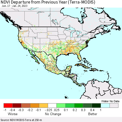 North America NDVI Departure from Previous Year (Terra-MODIS) Thematic Map For 1/17/2023 - 1/24/2023