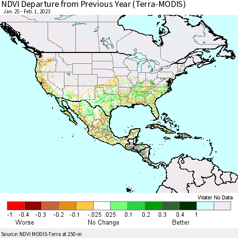 North America NDVI Departure from Previous Year (Terra-MODIS) Thematic Map For 1/25/2023 - 2/1/2023