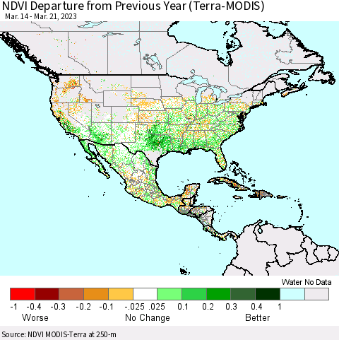 North America NDVI Departure from Previous Year (Terra-MODIS) Thematic Map For 3/14/2023 - 3/21/2023