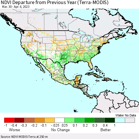 North America NDVI Departure from Previous Year (Terra-MODIS) Thematic Map For 3/30/2023 - 4/6/2023