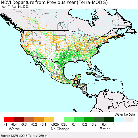 North America NDVI Departure from Previous Year (Terra-MODIS) Thematic Map For 4/7/2023 - 4/14/2023