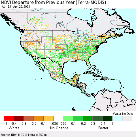 North America NDVI Departure from Previous Year (Terra-MODIS) Thematic Map For 4/15/2023 - 4/22/2023