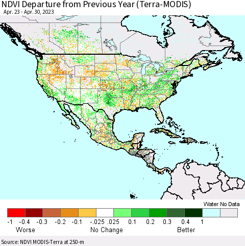 North America NDVI Departure from Previous Year (Terra-MODIS) Thematic Map For 4/23/2023 - 4/30/2023
