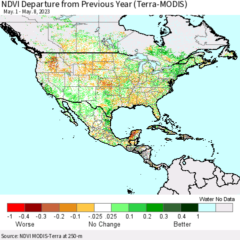North America NDVI Departure from Previous Year (Terra-MODIS) Thematic Map For 5/1/2023 - 5/8/2023