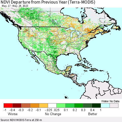 North America NDVI Departure from Previous Year (Terra-MODIS) Thematic Map For 5/17/2023 - 5/24/2023