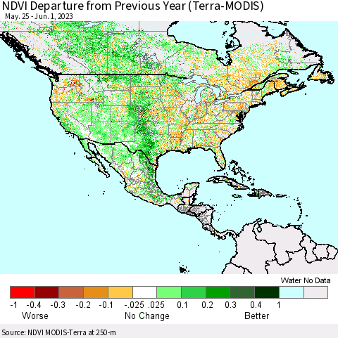 North America NDVI Departure from Previous Year (Terra-MODIS) Thematic Map For 5/25/2023 - 6/1/2023