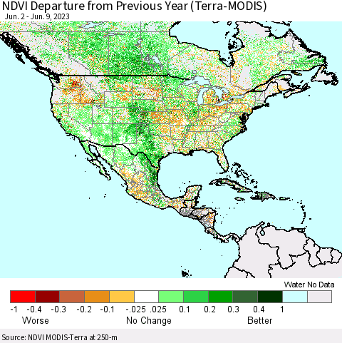 North America NDVI Departure from Previous Year (Terra-MODIS) Thematic Map For 6/2/2023 - 6/9/2023
