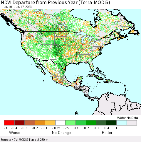 North America NDVI Departure from Previous Year (Terra-MODIS) Thematic Map For 6/10/2023 - 6/17/2023