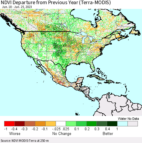North America NDVI Departure from Previous Year (Terra-MODIS) Thematic Map For 6/18/2023 - 6/25/2023
