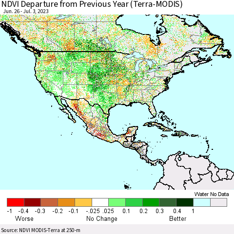 North America NDVI Departure from Previous Year (Terra-MODIS) Thematic Map For 6/26/2023 - 7/3/2023
