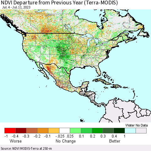 North America NDVI Departure from Previous Year (Terra-MODIS) Thematic Map For 7/4/2023 - 7/11/2023