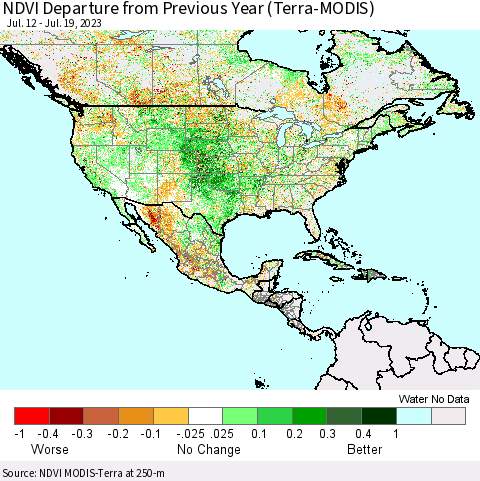 North America NDVI Departure from Previous Year (Terra-MODIS) Thematic Map For 7/12/2023 - 7/19/2023