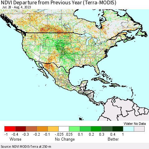 North America NDVI Departure from Previous Year (Terra-MODIS) Thematic Map For 7/28/2023 - 8/4/2023