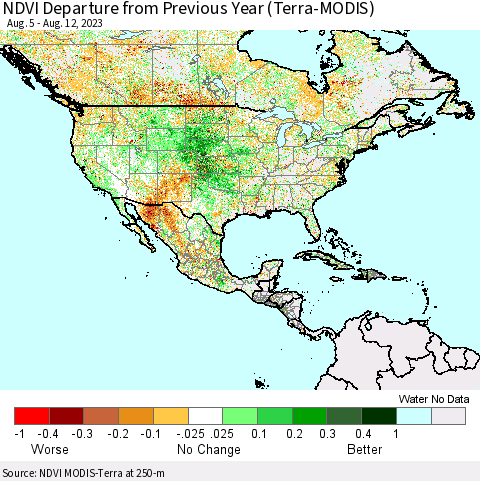 North America NDVI Departure from Previous Year (Terra-MODIS) Thematic Map For 8/5/2023 - 8/12/2023
