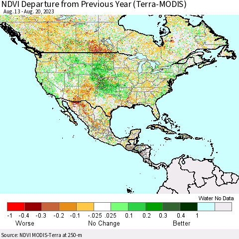 North America NDVI Departure from Previous Year (Terra-MODIS) Thematic Map For 8/13/2023 - 8/20/2023