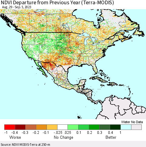 North America NDVI Departure from Previous Year (Terra-MODIS) Thematic Map For 8/29/2023 - 9/5/2023