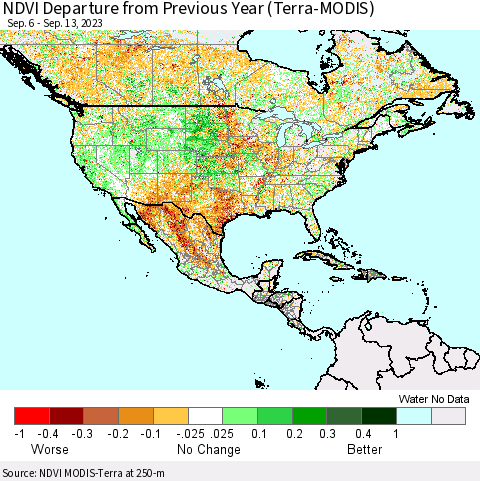 North America NDVI Departure from Previous Year (Terra-MODIS) Thematic Map For 9/6/2023 - 9/13/2023