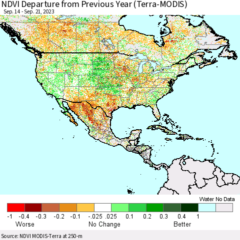 North America NDVI Departure from Previous Year (Terra-MODIS) Thematic Map For 9/14/2023 - 9/21/2023