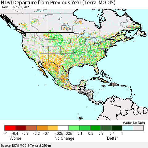 North America NDVI Departure from Previous Year (Terra-MODIS) Thematic Map For 11/1/2023 - 11/8/2023