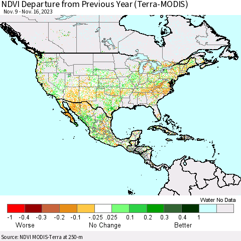 North America NDVI Departure from Previous Year (Terra-MODIS) Thematic Map For 11/9/2023 - 11/16/2023