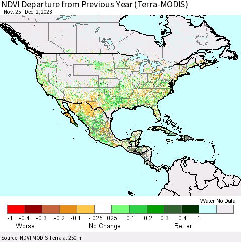 North America NDVI Departure from Previous Year (Terra-MODIS) Thematic Map For 11/25/2023 - 12/2/2023
