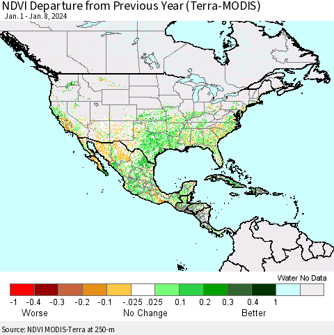 North America NDVI Departure from Previous Year (Terra-MODIS) Thematic Map For 1/1/2024 - 1/8/2024