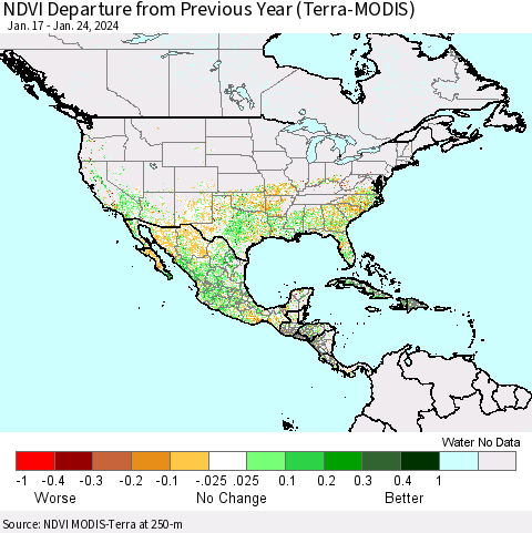 North America NDVI Departure from Previous Year (Terra-MODIS) Thematic Map For 1/17/2024 - 1/24/2024