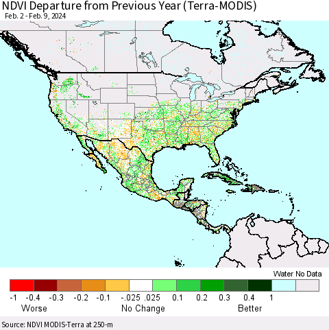 North America NDVI Departure from Previous Year (Terra-MODIS) Thematic Map For 2/2/2024 - 2/9/2024