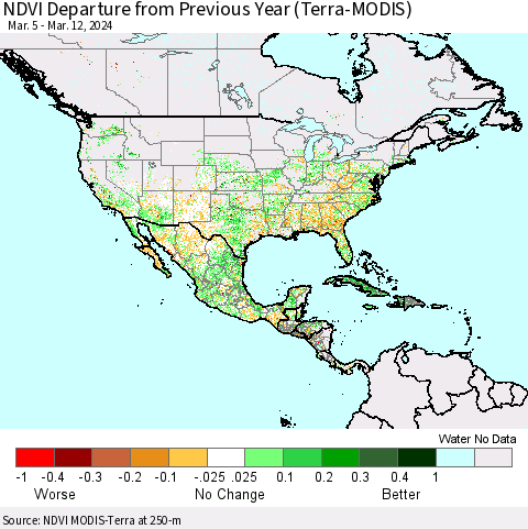 North America NDVI Departure from Previous Year (Terra-MODIS) Thematic Map For 3/5/2024 - 3/12/2024