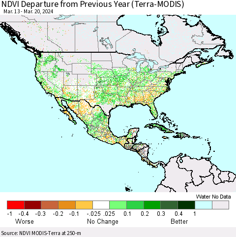 North America NDVI Departure from Previous Year (Terra-MODIS) Thematic Map For 3/13/2024 - 3/20/2024