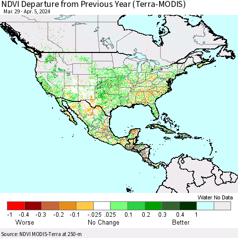 North America NDVI Departure from Previous Year (Terra-MODIS) Thematic Map For 3/29/2024 - 4/5/2024