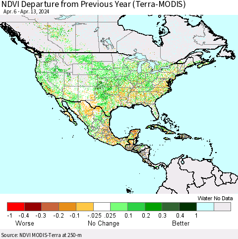 North America NDVI Departure from Previous Year (Terra-MODIS) Thematic Map For 4/6/2024 - 4/13/2024