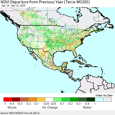 North America NDVI Departure from Previous Year (Terra-MODIS) Thematic Map For 4/14/2024 - 4/21/2024