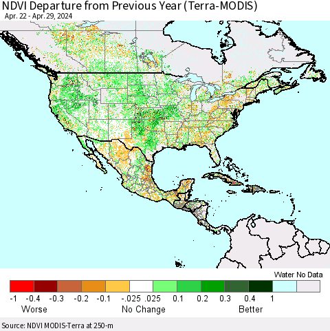 North America NDVI Departure from Previous Year (Terra-MODIS) Thematic Map For 4/22/2024 - 4/29/2024
