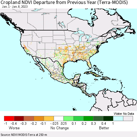 North America Cropland NDVI Departure from Previous Year (Terra-MODIS) Thematic Map For 1/1/2023 - 1/8/2023