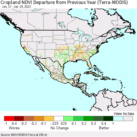 North America Cropland NDVI Departure from Previous Year (Terra-MODIS) Thematic Map For 1/17/2023 - 1/24/2023