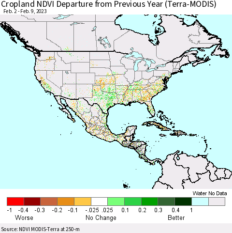 North America Cropland NDVI Departure from Previous Year (Terra-MODIS) Thematic Map For 2/2/2023 - 2/9/2023