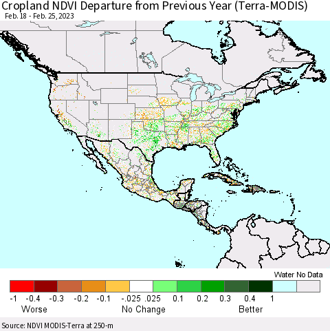 North America Cropland NDVI Departure from Previous Year (Terra-MODIS) Thematic Map For 2/18/2023 - 2/25/2023
