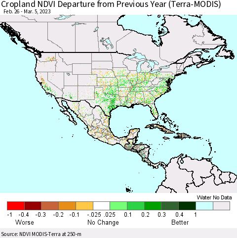 North America Cropland NDVI Departure from Previous Year (Terra-MODIS) Thematic Map For 2/26/2023 - 3/5/2023