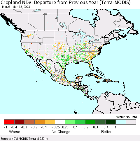 North America Cropland NDVI Departure from Previous Year (Terra-MODIS) Thematic Map For 3/6/2023 - 3/13/2023