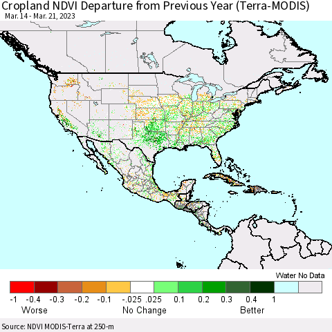 North America Cropland NDVI Departure from Previous Year (Terra-MODIS) Thematic Map For 3/14/2023 - 3/21/2023