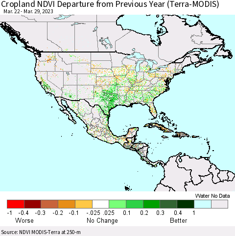 North America Cropland NDVI Departure from Previous Year (Terra-MODIS) Thematic Map For 3/22/2023 - 3/29/2023