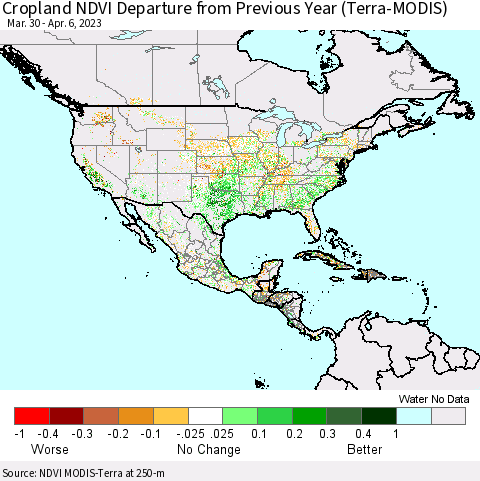 North America Cropland NDVI Departure from Previous Year (Terra-MODIS) Thematic Map For 3/30/2023 - 4/6/2023