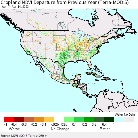 North America Cropland NDVI Departure from Previous Year (Terra-MODIS) Thematic Map For 4/7/2023 - 4/14/2023