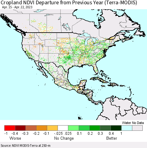 North America Cropland NDVI Departure from Previous Year (Terra-MODIS) Thematic Map For 4/15/2023 - 4/22/2023
