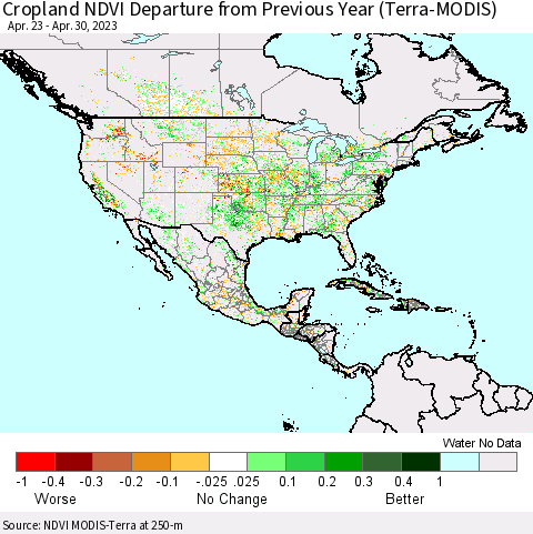 North America Cropland NDVI Departure from Previous Year (Terra-MODIS) Thematic Map For 4/23/2023 - 4/30/2023