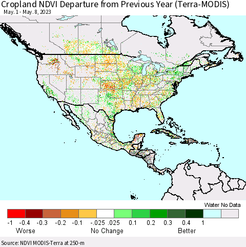 North America Cropland NDVI Departure from Previous Year (Terra-MODIS) Thematic Map For 5/1/2023 - 5/8/2023